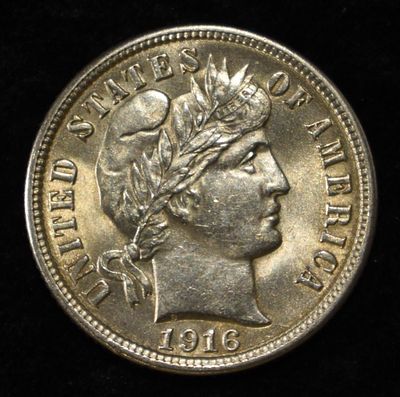 1916 BARBER DIME GEM BU. WEEKLY COIN & CURRENCY AUCTIONS ESTIMATE $300 - $350.