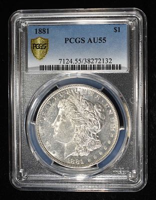 1881 MORGAN DOLLAR PCGS AU-55. LEADERS IN ON-LINE AUCTIONS ESTIMATE $100 - $130.