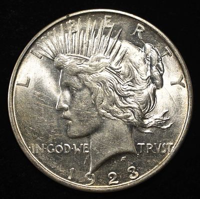 1923-D PEACE DOLLAR BU. LEADERS IN ON-LINE AUCTIONS ESTIMATE $150 - $200.