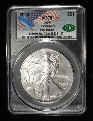 2024 AMERICAN SILVER EAGLE CAC MS70. PAUL NUGGET ESTIMATE $180 - $230.