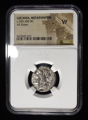 c.330-280 BC LUCANIA, METAPONTUM AR STATER NGC VF. WEEKLY COIN & CURRENCY AUCTIONS ESTIMATE $900 