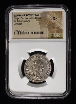 AD 249-251 TRAJAN DECIUS BI TETRADRACHM NGC XF. FLAN FLAW ESTIMATE $250 - $300.