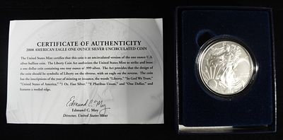 2008-W AMERICAN SILVER EAGLE. LEADERS IN ON-LINE AUCTIONS ESTIMATE $90 - $130.