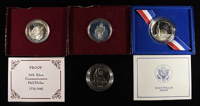 (4) COMMEM HALF DOLLARS. (2) 1982-S 50C WASHINGTON 250TH ANNAVERSARY OF BIRTH SILVER & (2) 