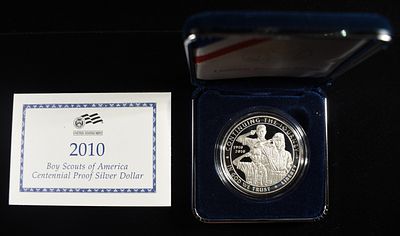2010-P $1 COMMEM BOY SCOUTS OF AMERICA. COMMEMORATIVE SILVER COINS ESTIMATE $120 - $190.