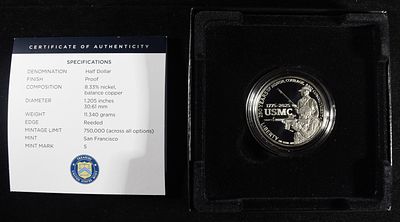 2025-S 50C COMMEM USMC PROOF. 250TH ANNIVERSARY TOP RATED AUCTION HOUSE ESTIMATE $100 - $150.