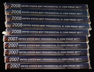 (5) 2007 & (5) 2008 $1 PRESIDENTAL PROOF SETS. LEADERS IN ON-LINE AUCTIONS ESTIMATE $100 - $150.