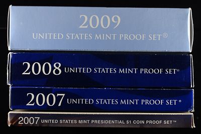2007, 08, 09 US PROOF SETS. BID WITH SILVER CITY AUCTIONS ESTIMATE $100 - $150.