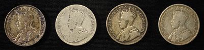 (4) 92.5% SILVER CANADIAN 25 CENTS. WEEKLY COIN & CURRENCY AUCTIONS ESTIMATE $90 - $130.