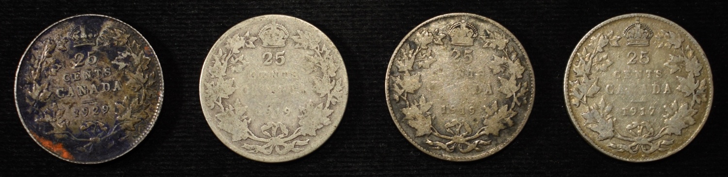 (4) 92.5% SILVER CANADIAN 25 CENTS