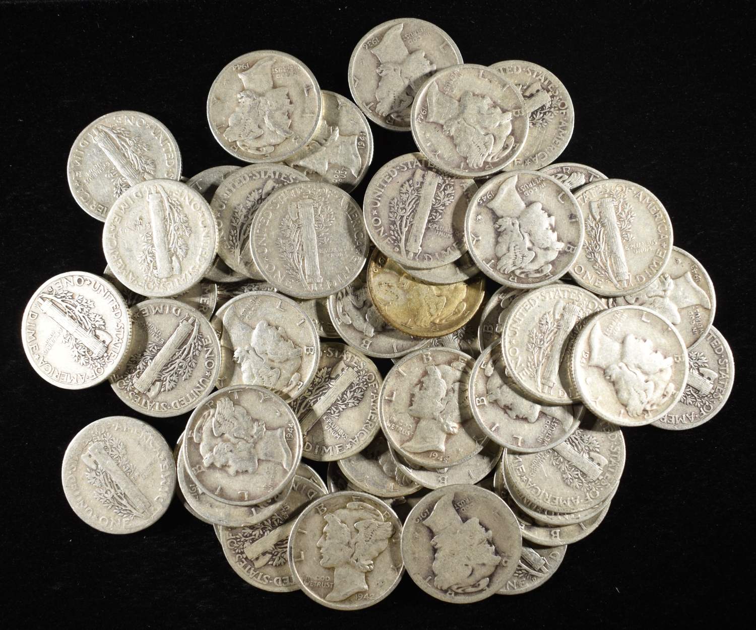 (50) MERCURY DIMES 90% SILVER