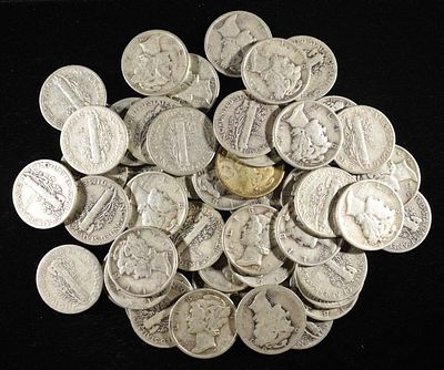 (50) MERCURY DIMES 90% SILVER. TOP RATED AUCTION HOUSE ESTIMATE $350 - $400.