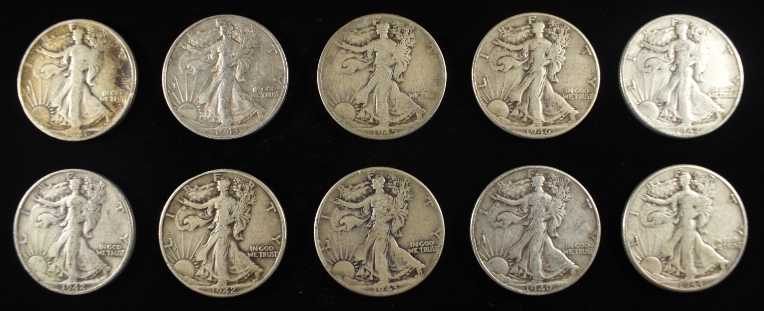 (10) 90% SILVER WALKING LIBERTY HALVES