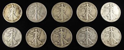 (10) 90% SILVER WALKING LIBERTY HALVES. LEADERS IN ON-LINE AUCTIONS ESTIMATE $430 - $480.