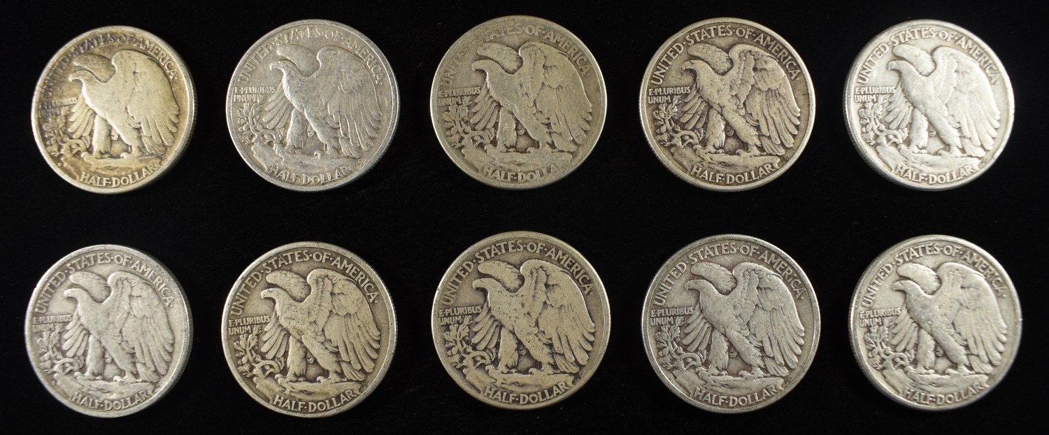 (10) 90% SILVER WALKING LIBERTY HALVES