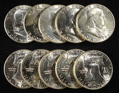 (10) FRANKLIN HALF DOLLARS BU. BID WITH SILVER CITY AUCTIONS ESTIMATE $300 - $350.