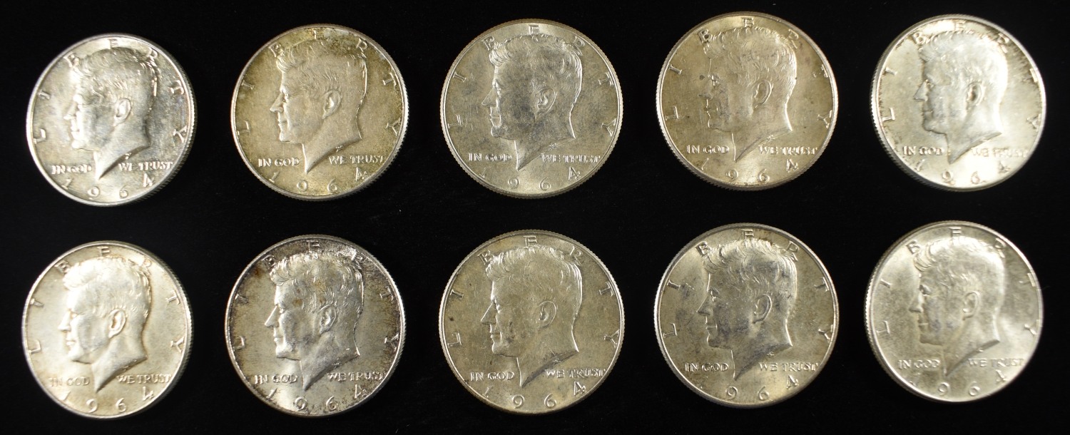(10) 90% SILVER KENNEDY HALF DOLLARS