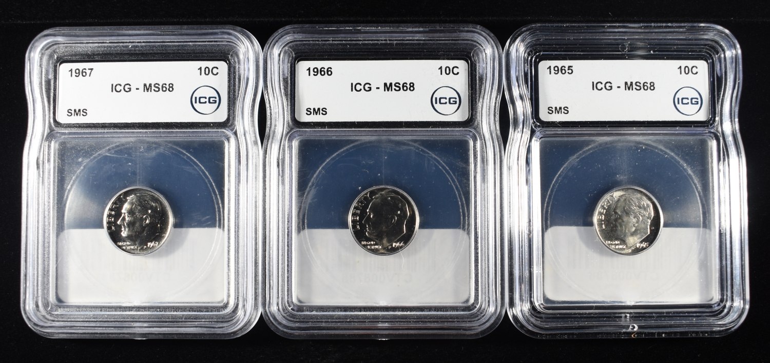 1967, 66 & 65 ROOSEVELT DIMES ICA MS68 SMS