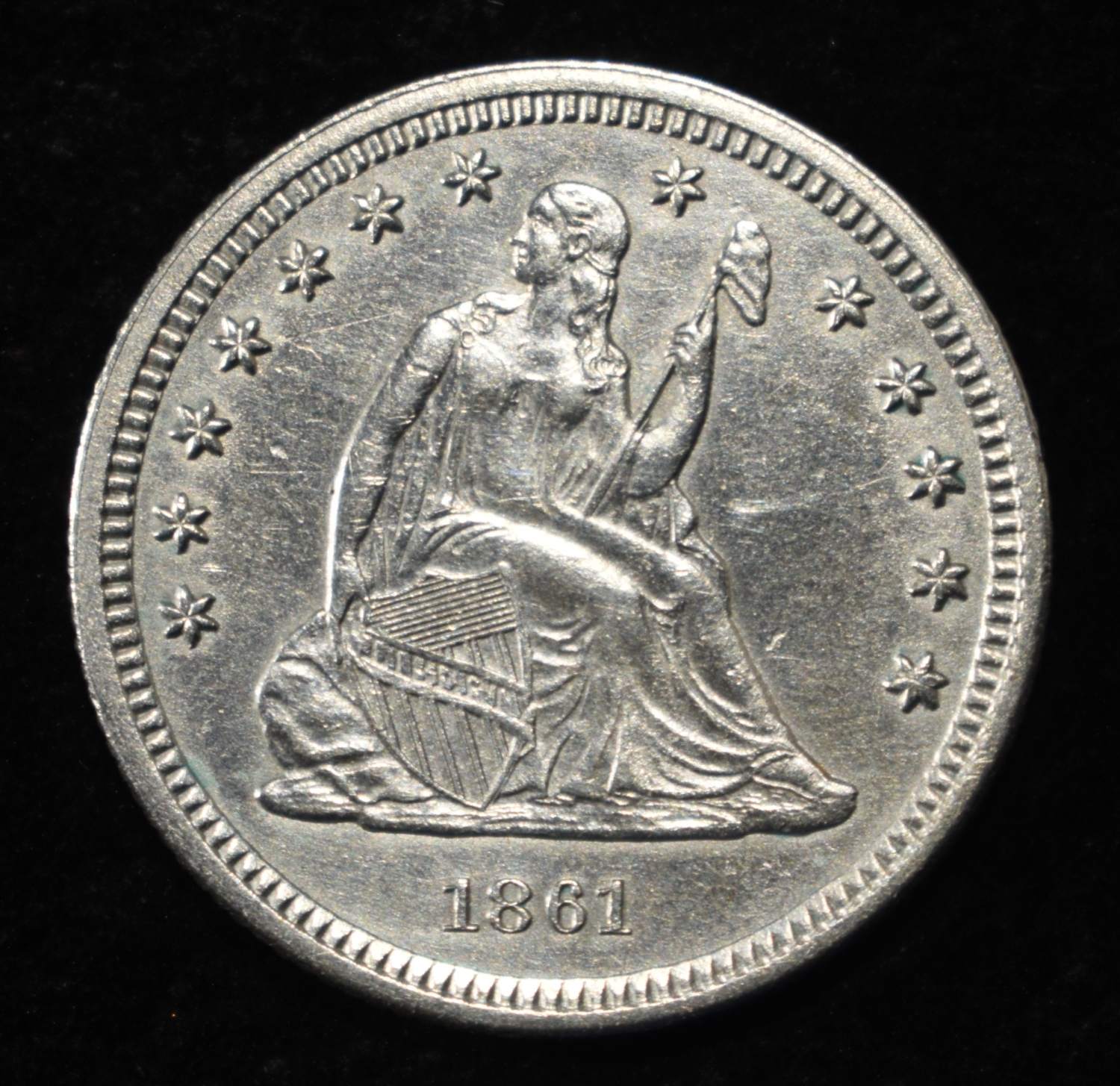 1861 SEATED LIBERTY QUARTER CH AU