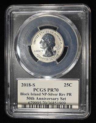 2018-S 25C BLOCK ISLAND NP SILVER PCGS REV PR70. LEADERS IN ON-LINE AUCTIONS ESTIMATE $75 - $100.
