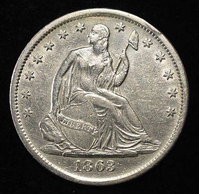 1863-S SEATED LIBERTY HALF DOLLAR AU/BU. TOP RATED AUCTION HOUSE ESTIMATE $1200 - $1500.