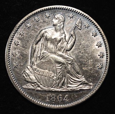 1864 SEATED LIBERTY HALF DOLLAR BU. LEADERS IN ON-LINE AUCTIONS ESTIMATE $2000 - $2200.