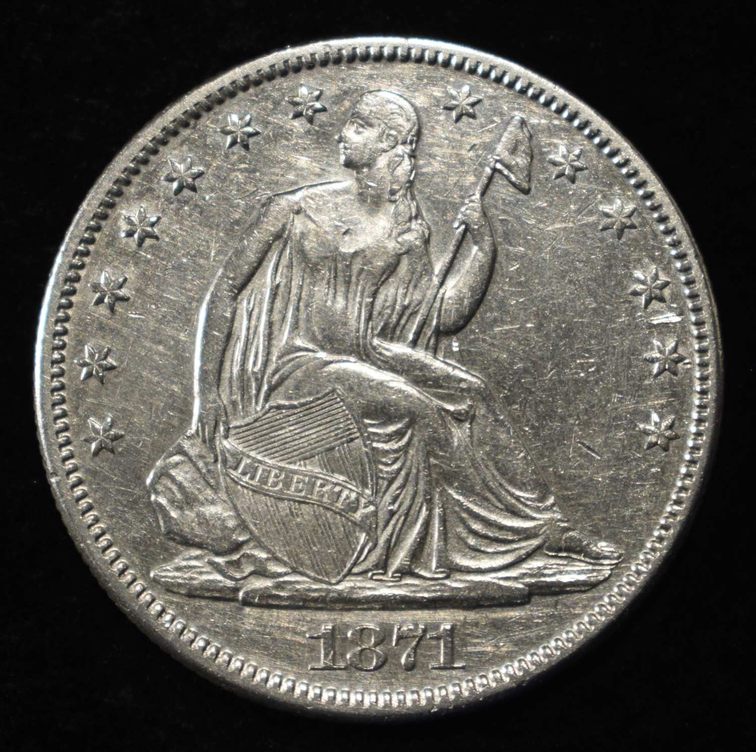 1871 SEATED LIBERTY HALF DOLLAR CH AU