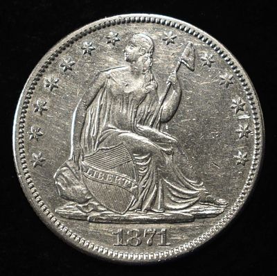 1871 SEATED LIBERTY HALF DOLLAR CH AU. LEADERS IN ON-LINE AUCTIONS ESTIMATE $300 - $350.