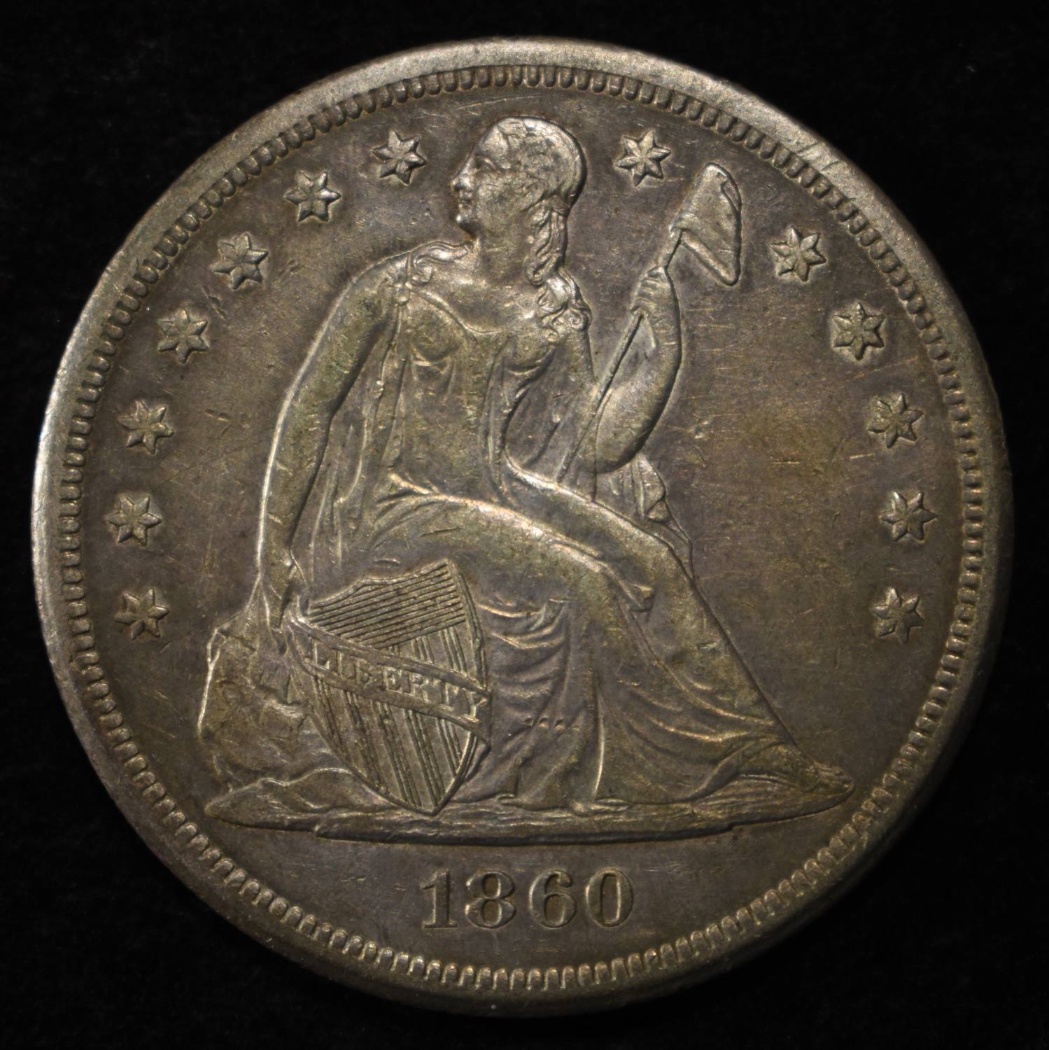 1860-O SEATED LIBERTY DOLLAR CH AU
