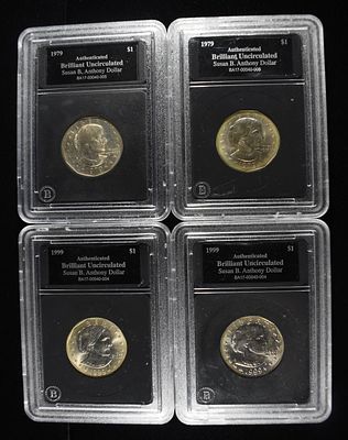 (2) 1979 & (2) 1999 SBA DOLLARS BU. BID WITH SILVER CITY AUCTIONS ESTIMATE $80 - $120.