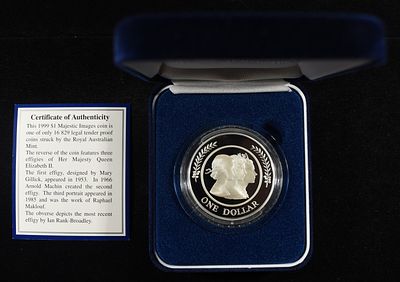 1999 $1 MAJESTIC IMAGES .999 SILVER PROOF COIN. WEEKLY COIN & CURRENCY AUCTIONS ESTIMATE $80 - $120.