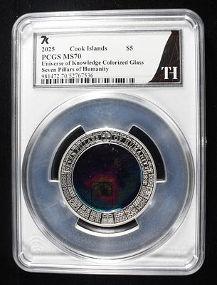 2025 COOK ISLANDS $5 GLASS & SILVER PCGS MS70. UNIVERSE OF KNOWLEDGE COLORIZED GLASS, SEVEN 
