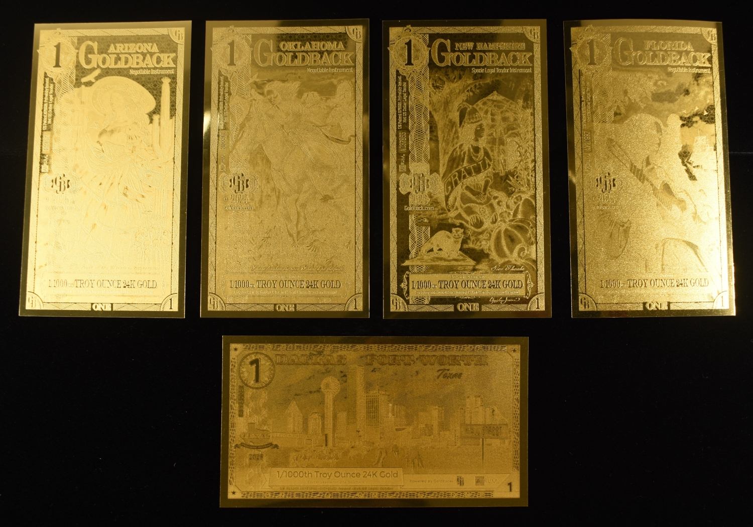 (5) 1/1000TH OZ 24K GOLD GOLDBACKS