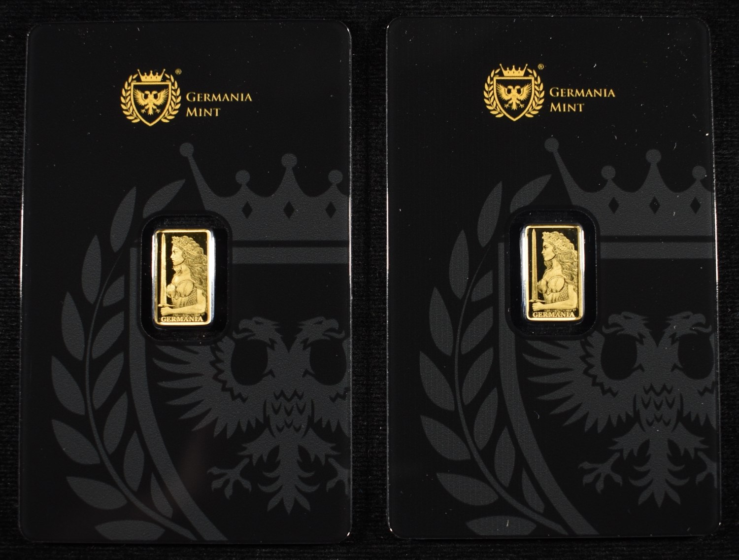 (2) GERMANIA MINT 1/200TH .9999 GOLD BARS PROOF