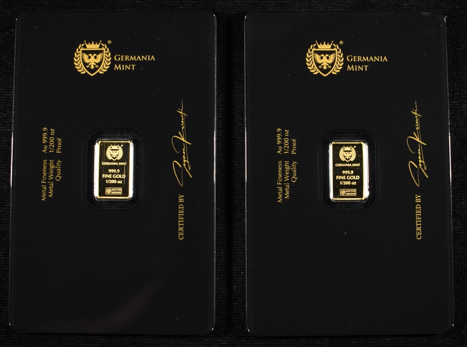 (2) GERMANIA MINT 1/200TH .9999 GOLD BARS PROOF