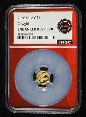 2026 $1 NIUE GOLD COWGIRL NGC ENHANCED REV PF70. TOP RATED AUCTION HOUSE ESTIMATE $150 - $200.