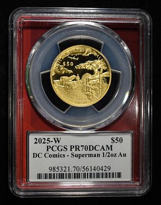 2025-W SUPERMAN 1/2OZ .9999 GOLD PCGS PR70DCAM. DC COMICS, $50 ESTIMATE $4200 - $4400.