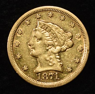 1871-S LIBERTY GOLD $2.5 AU/BU. BID WITH SILVER CITY AUCTIONS ESTIMATE $1200 - $1400.