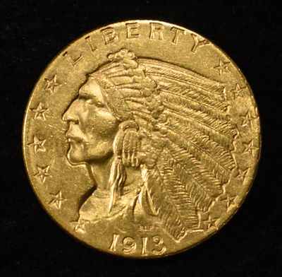 1913 INDIAN GOLD $2.5 CH BU. LEADERS IN ON-LINE AUCTIONS ESTIMATE $1300 - $1500.