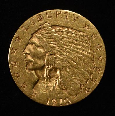 1910 $2.50 INDIAN GOLD. TOP RATED AUCTION HOUSE ESTIMATE $900 - $1000.