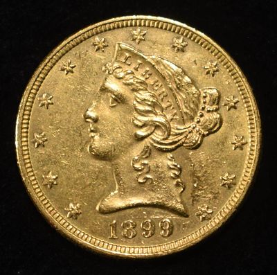 1899 $5 GOLD LIBERTY CH BU. TOP RATED AUCTION HOUSE ESTIMATE $1500 - $1800.