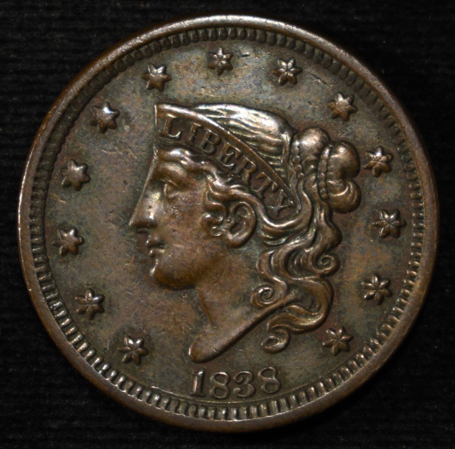 1838 LARGE CENT XF SCRATCHES REV.