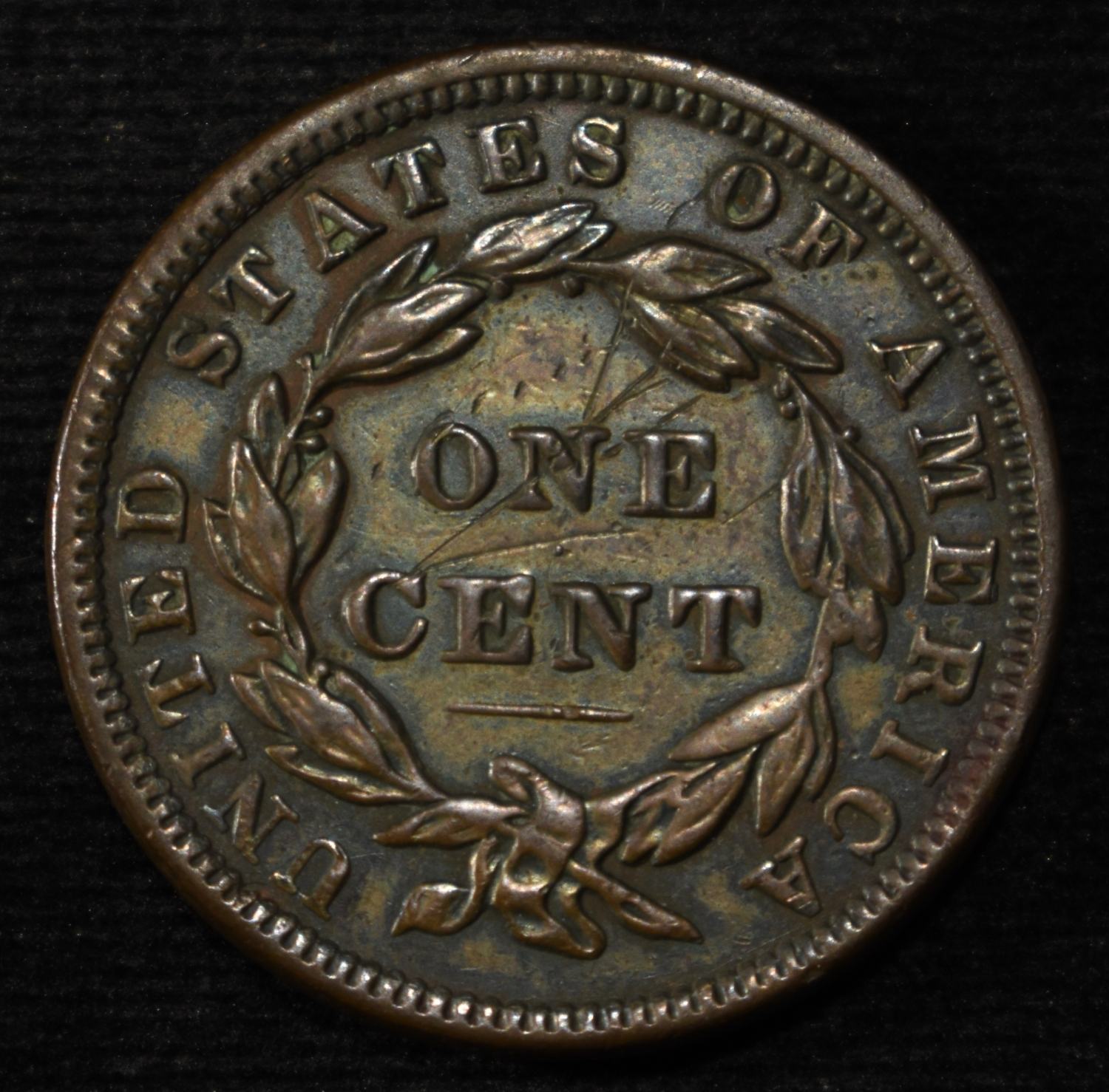 1838 LARGE CENT XF SCRATCHES REV.