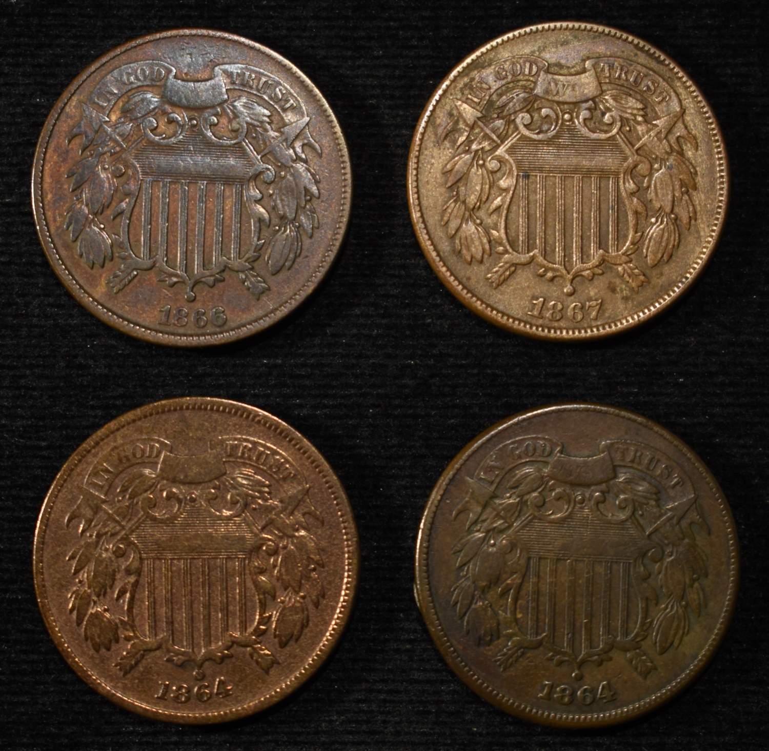 (2) 1864, 66, 67 2-CENT PIECES VF