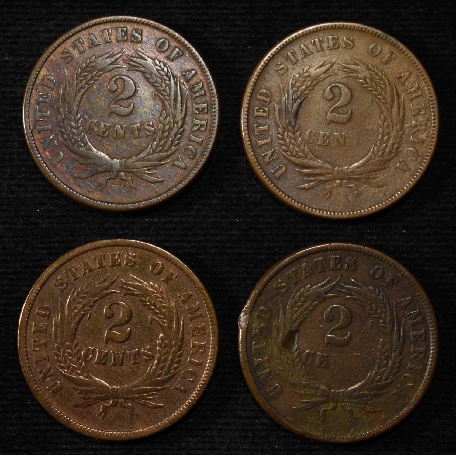 (2) 1864, 66, 67 2-CENT PIECES VF