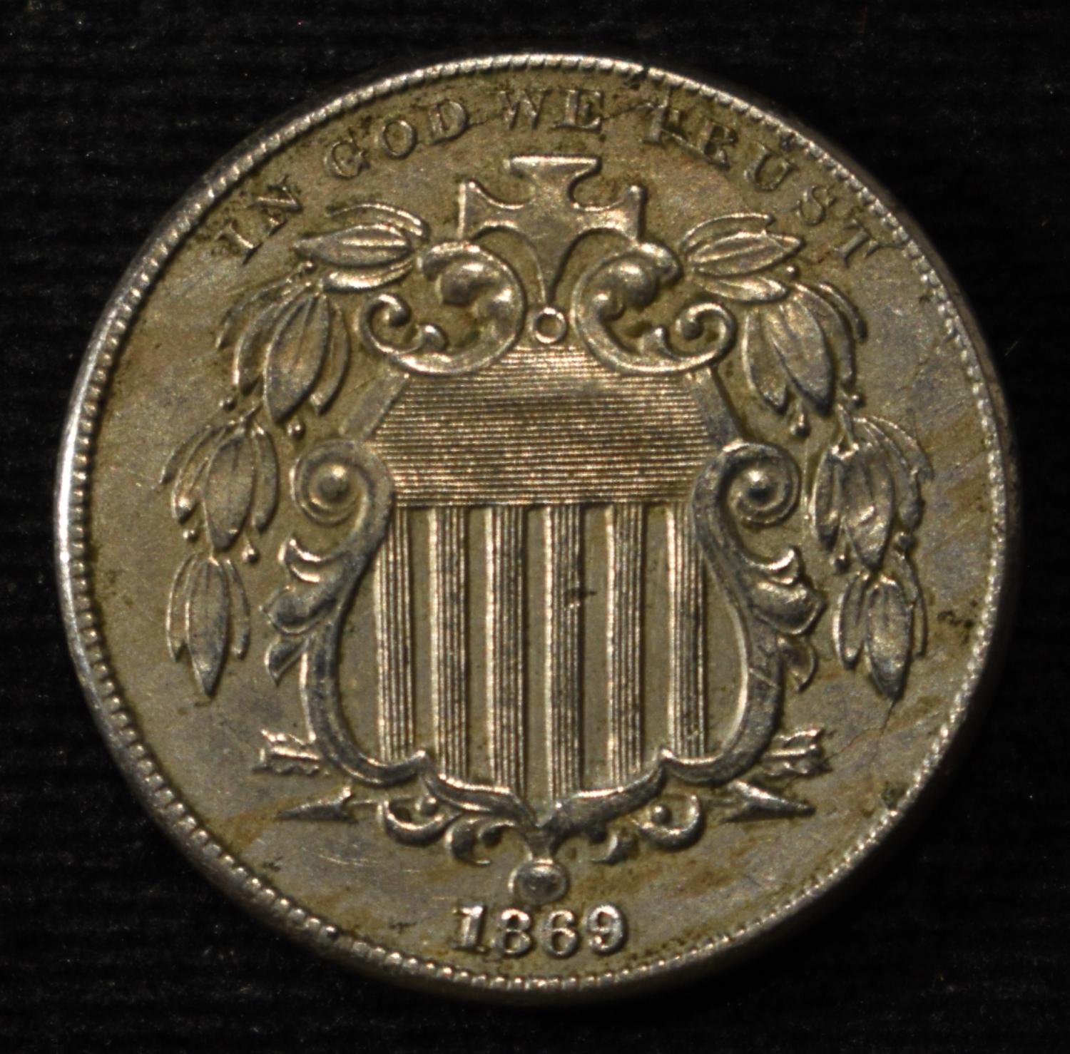 1869 SHIELD NICKEL AU