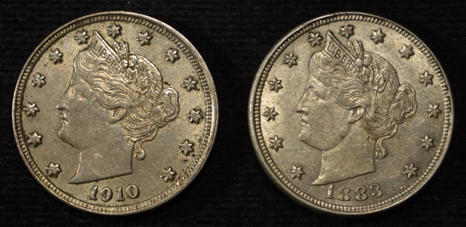 1883 NO CENTS & 1910 LIBERTY "V" NICKELS AU
