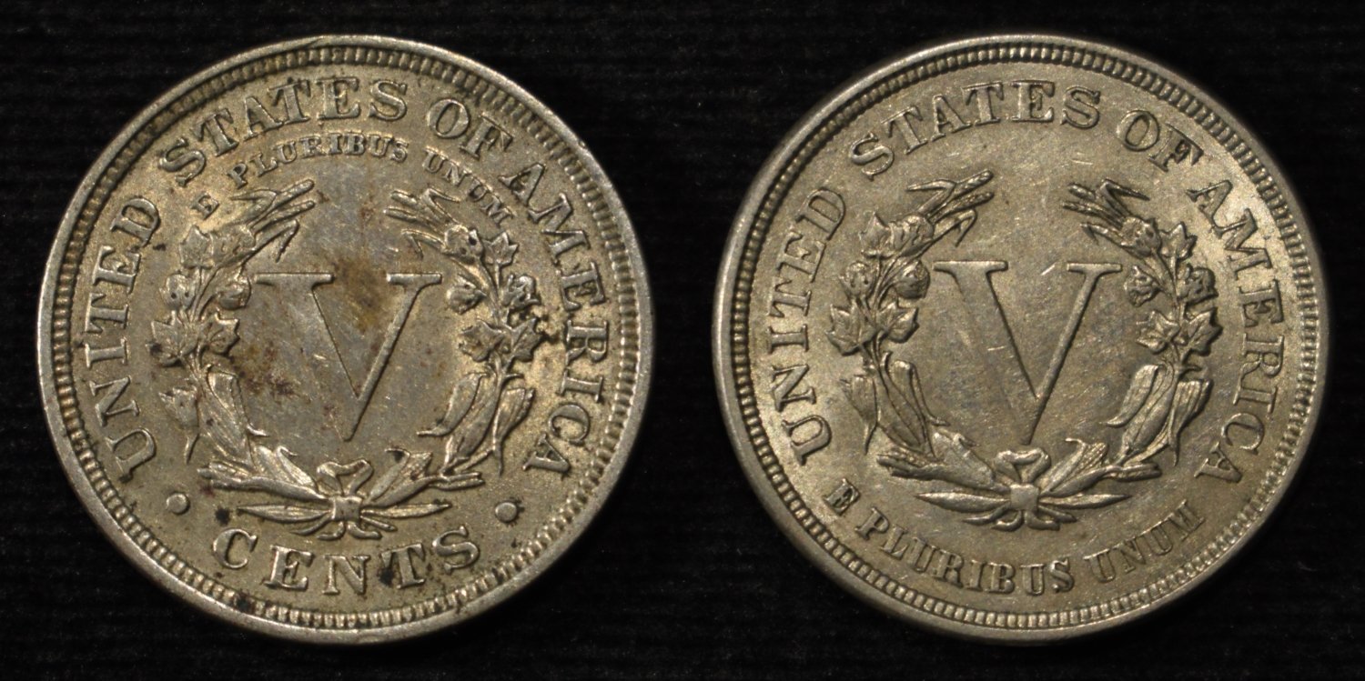 1883 NO CENTS & 1910 LIBERTY "V" NICKELS AU