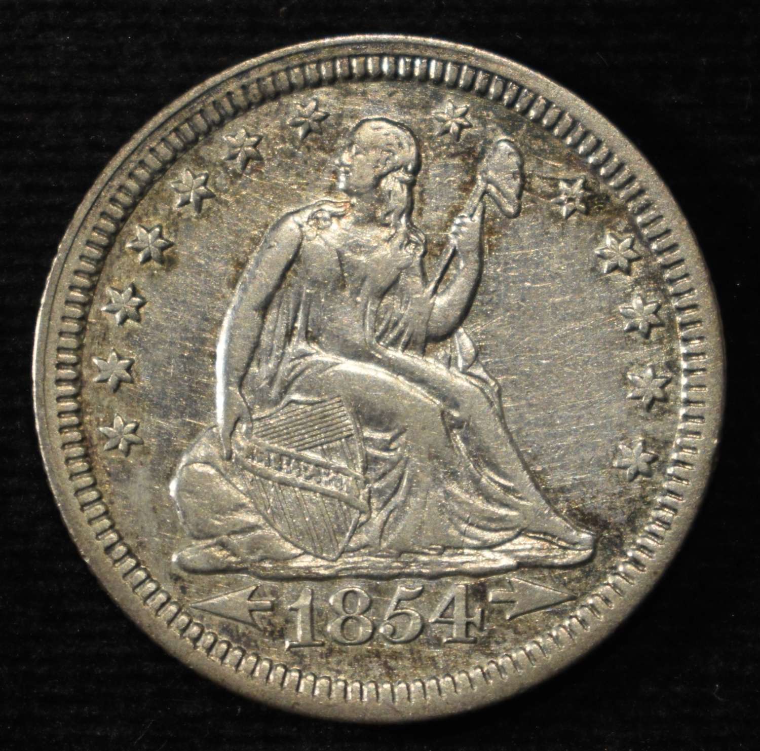 1854 SEATED LIBERTY QUARTER AU
