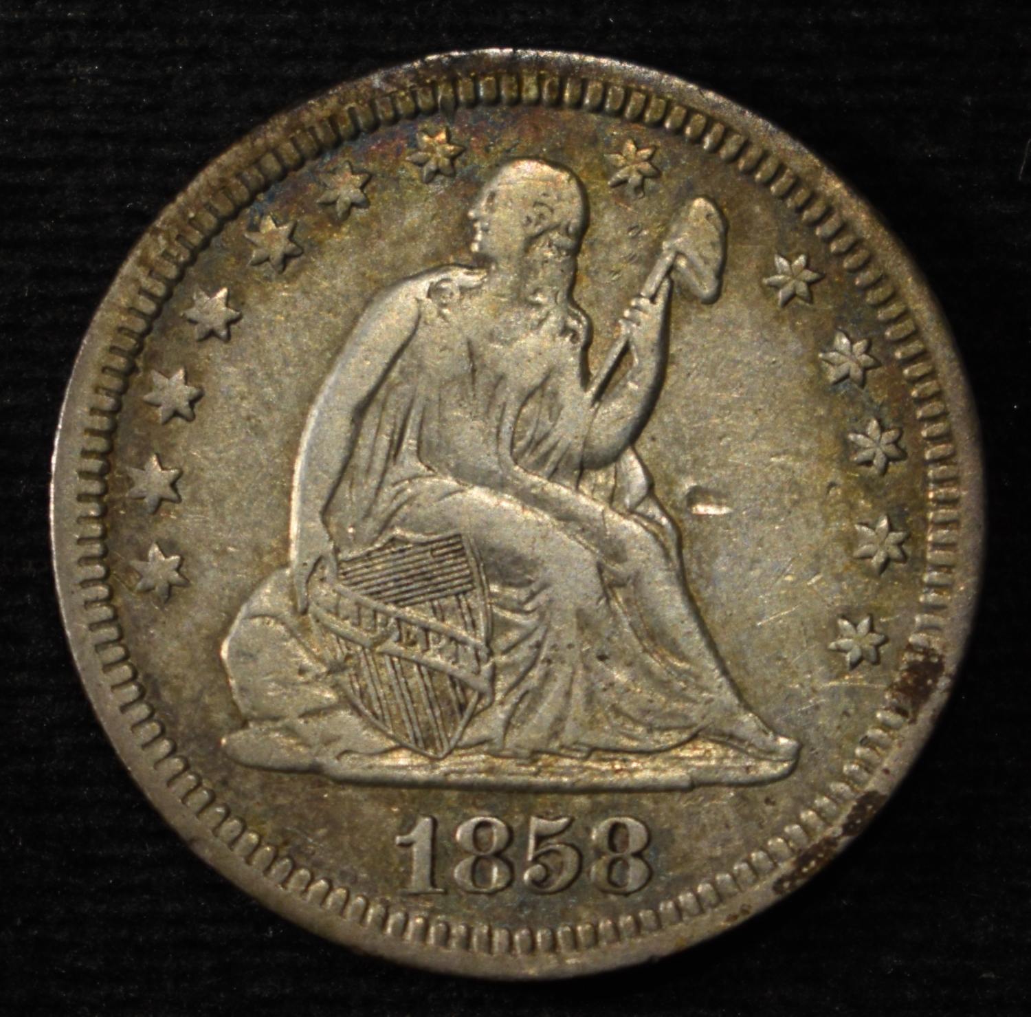 1858 SEATED LIBERTY QUARTER VF